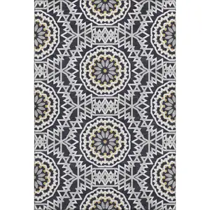 Photo of Black Ivory And Gold Geometric Washable Area Rug With UV Protection