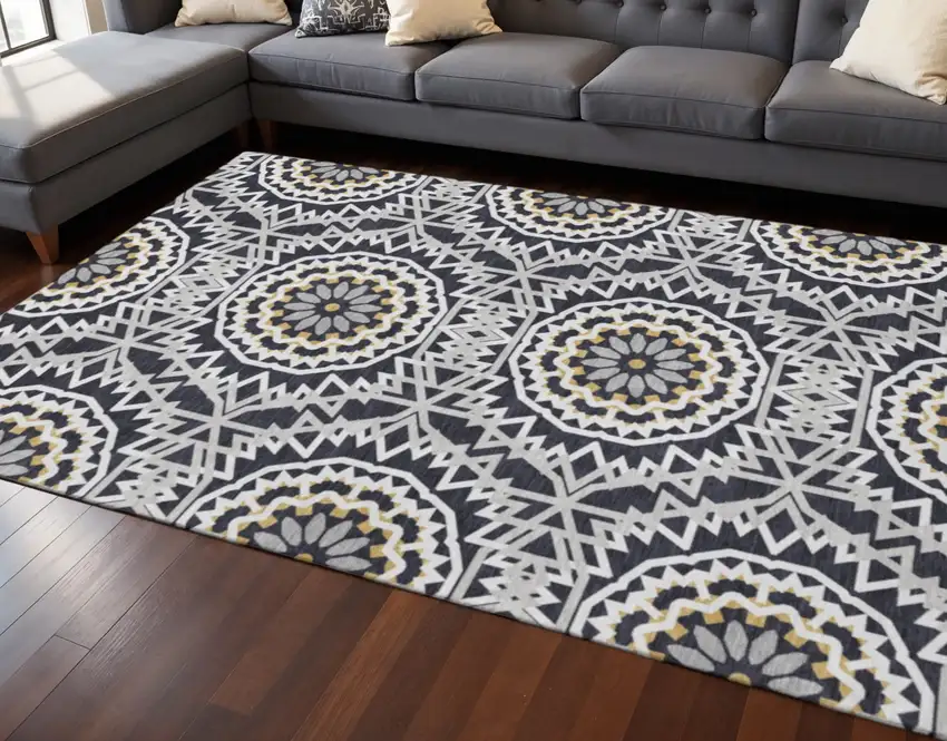Black Ivory And Gold Geometric Washable Area Rug With UV Protection Photo 2