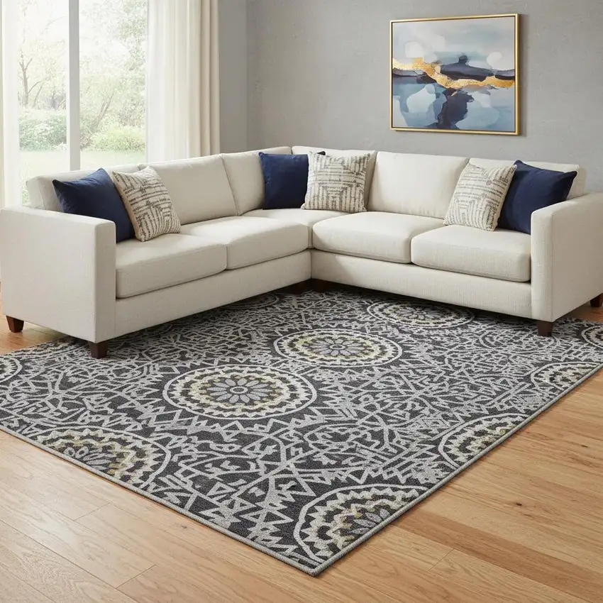 Black Ivory And Gold Geometric Washable Area Rug With UV Protection Photo 1