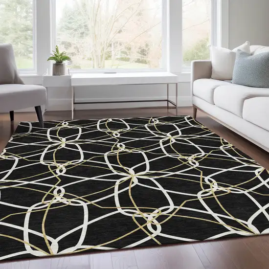 Black Ivory And Gold Geometric Washable Area Rug With UV Protection Photo 5