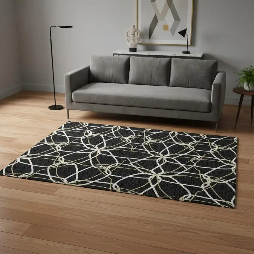 Black Ivory And Gold Geometric Washable Area Rug With UV Protection Photo 2