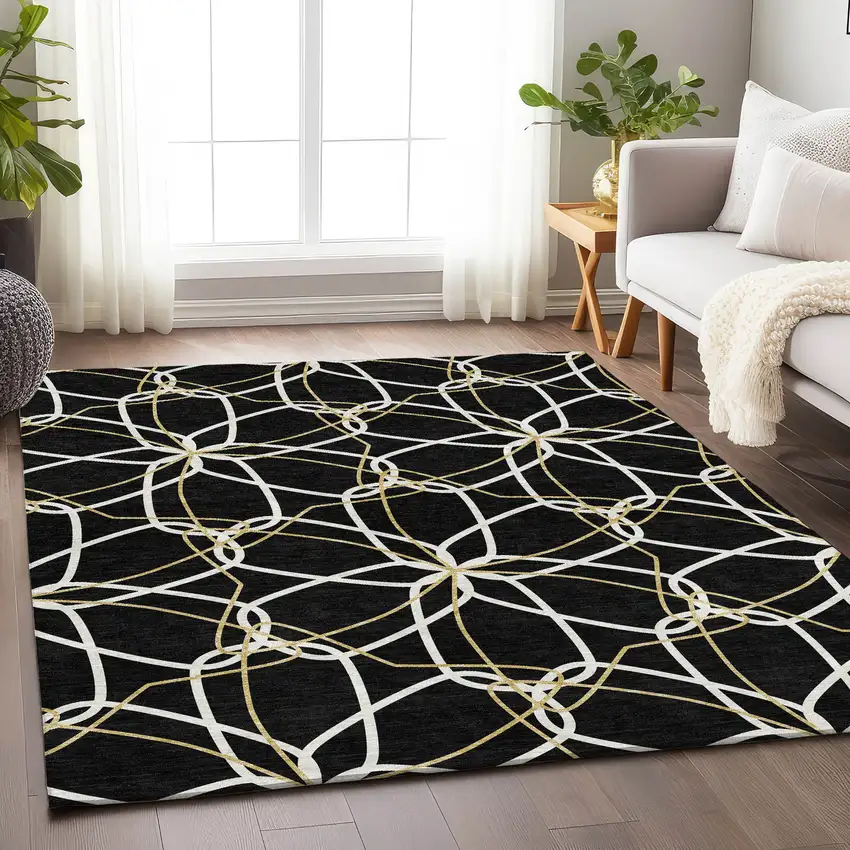 Black Ivory And Gold Geometric Washable Area Rug With UV Protection Photo 4