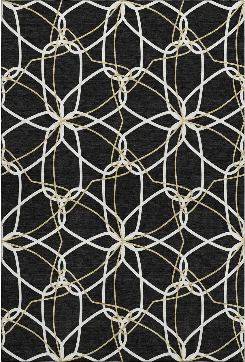 Black Ivory And Gold Geometric Washable Area Rug With UV Protection Photo 1