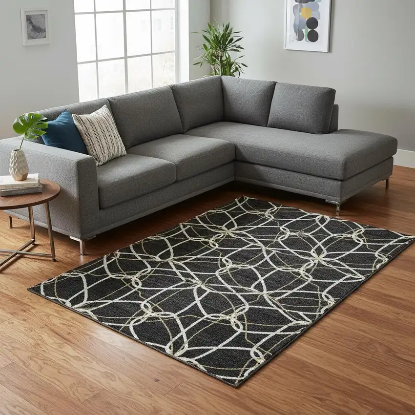 Black Ivory And Gold Geometric Washable Area Rug With UV Protection Photo 2