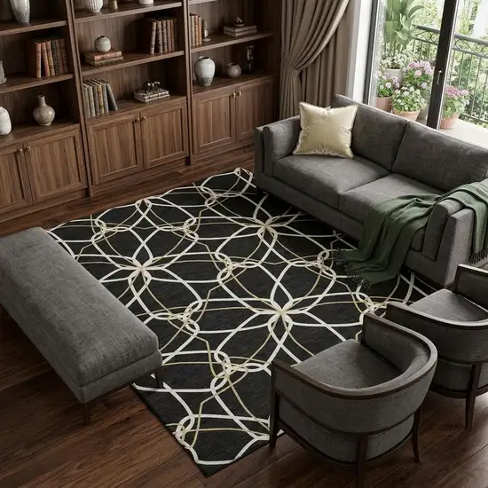 Black Ivory And Gold Geometric Washable Area Rug With UV Protection Photo 1