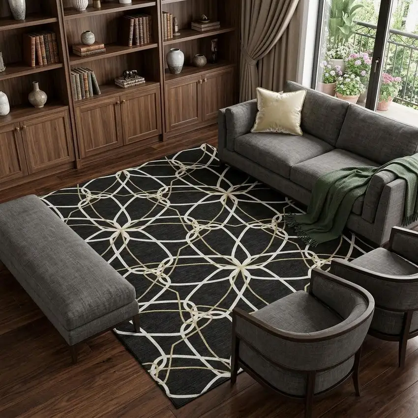 Black Ivory And Gold Geometric Washable Area Rug With UV Protection Photo 1