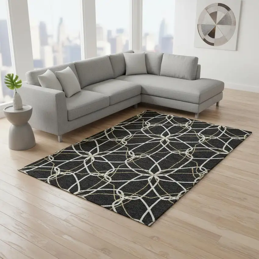 Black Ivory And Gold Geometric Washable Area Rug With UV Protection Photo 2