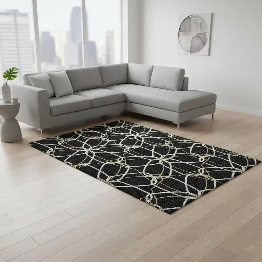 Black Ivory And Gold Geometric Washable Area Rug With UV Protection Photo 1