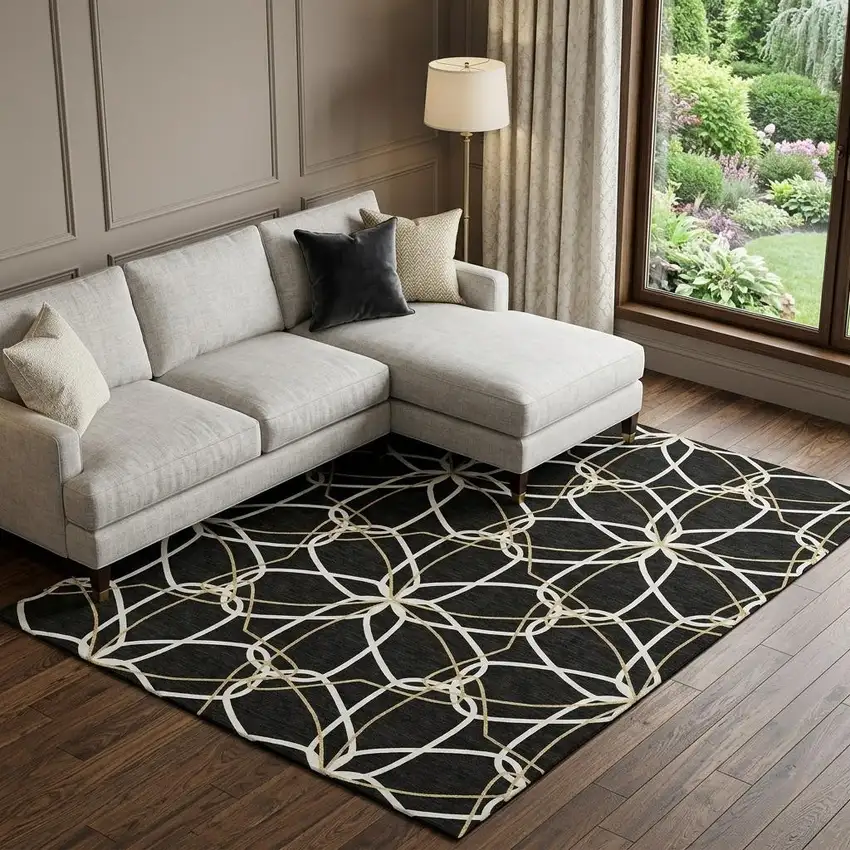 Black Ivory And Gold Geometric Washable Area Rug With UV Protection Photo 1