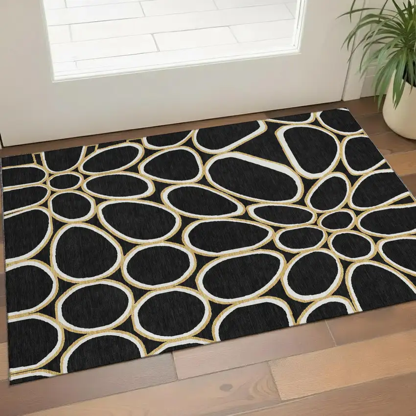 Black Ivory And Gold Geometric Washable Area Rug With UV Protection Photo 1