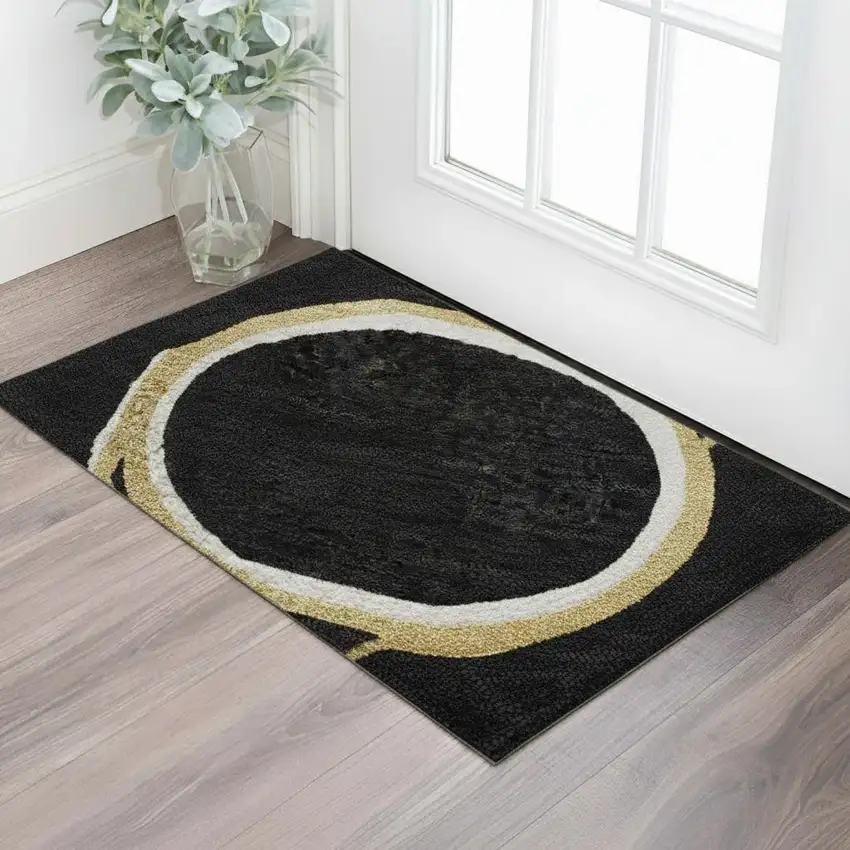 Black Ivory And Gold Geometric Washable Area Rug With UV Protection Photo 2
