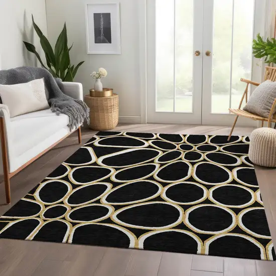 Black Ivory And Gold Geometric Washable Area Rug With UV Protection Photo 4