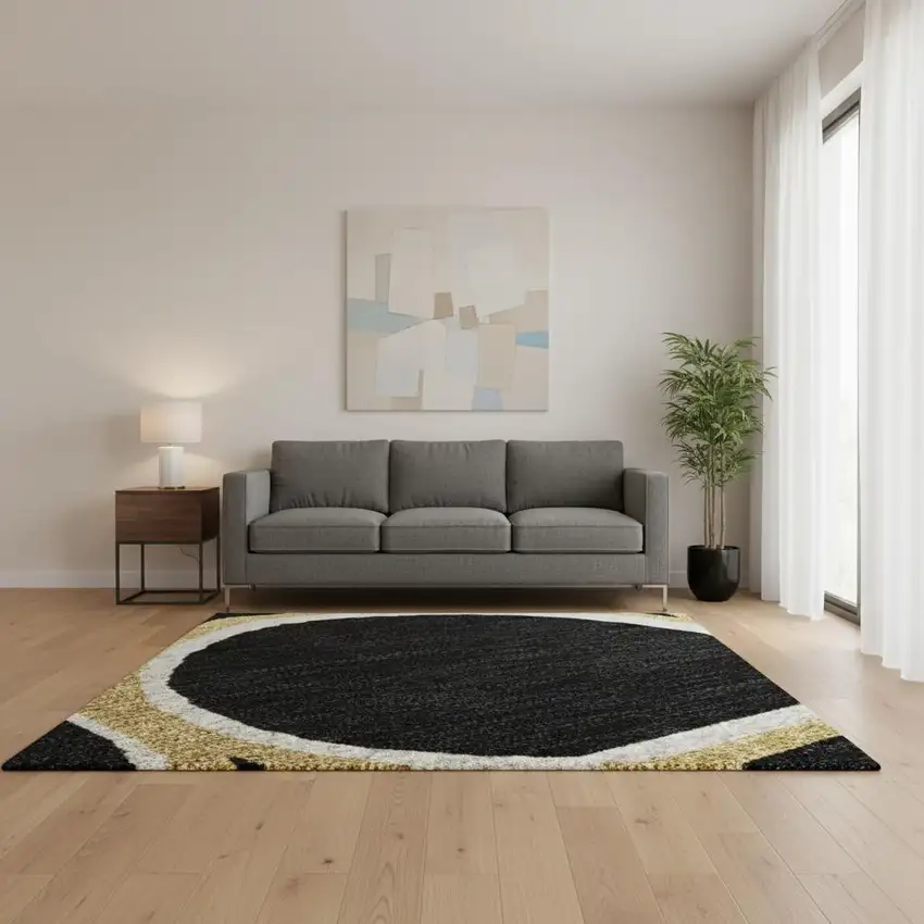 Black Ivory And Gold Geometric Washable Area Rug With UV Protection Photo 2