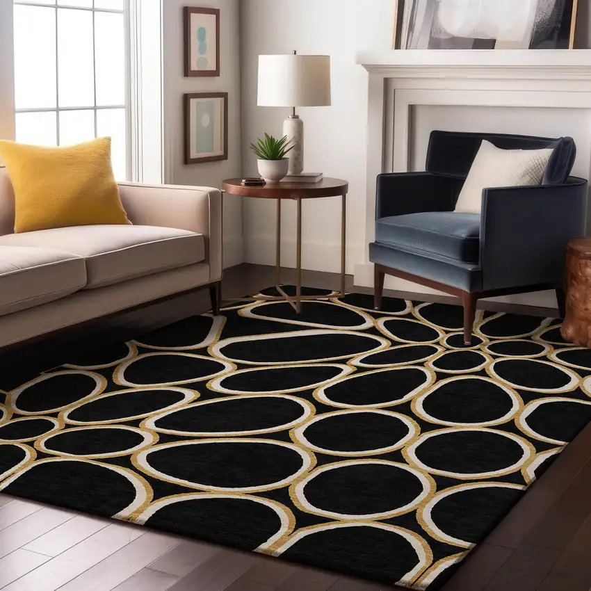 Black Ivory And Gold Geometric Washable Area Rug With UV Protection Photo 4