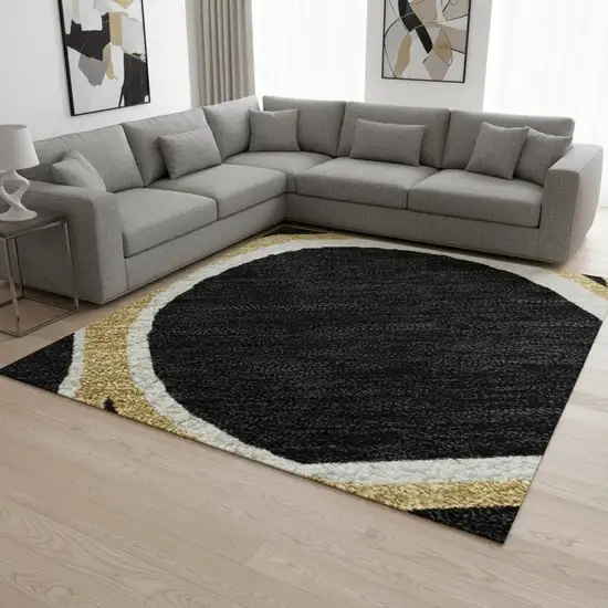 Black Ivory And Gold Geometric Washable Area Rug With UV Protection Photo 2