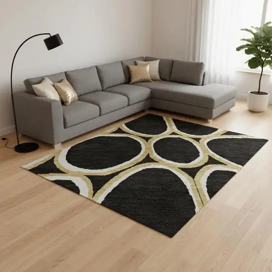 Black Ivory And Gold Geometric Washable Area Rug With UV Protection Photo 2