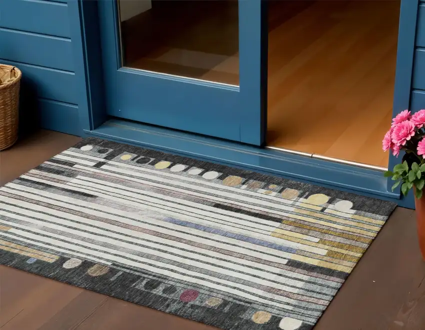 Black Ivory And Gold Geometric Washable Indoor Outdoor Area Rug Photo 2