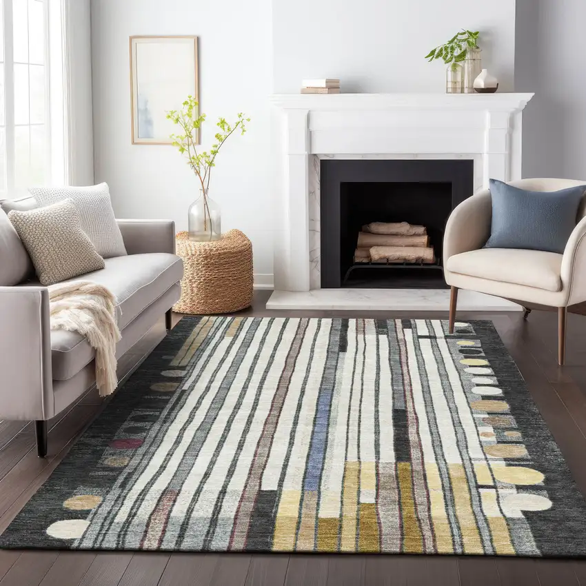 Black Ivory And Gold Geometric Washable Indoor Outdoor Area Rug Photo 8