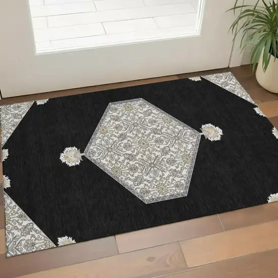 Black Ivory And Gold Oriental Washable Area Rug With UV Protection Photo 1
