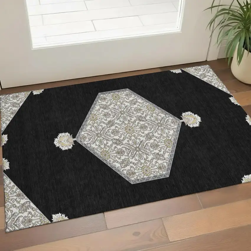 Black Ivory And Gold Oriental Washable Area Rug With UV Protection Photo 1
