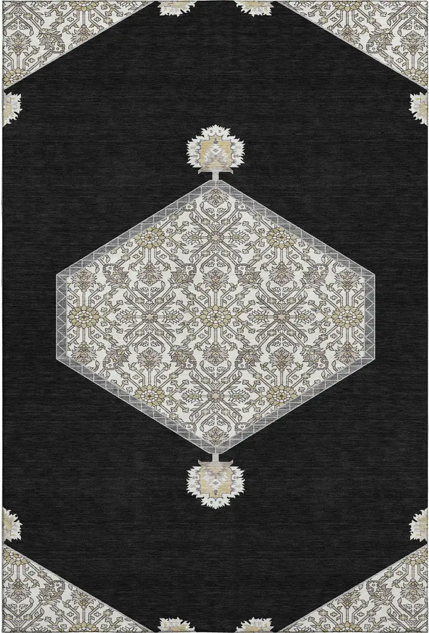 Black Ivory And Gold Oriental Washable Area Rug With UV Protection Photo 1