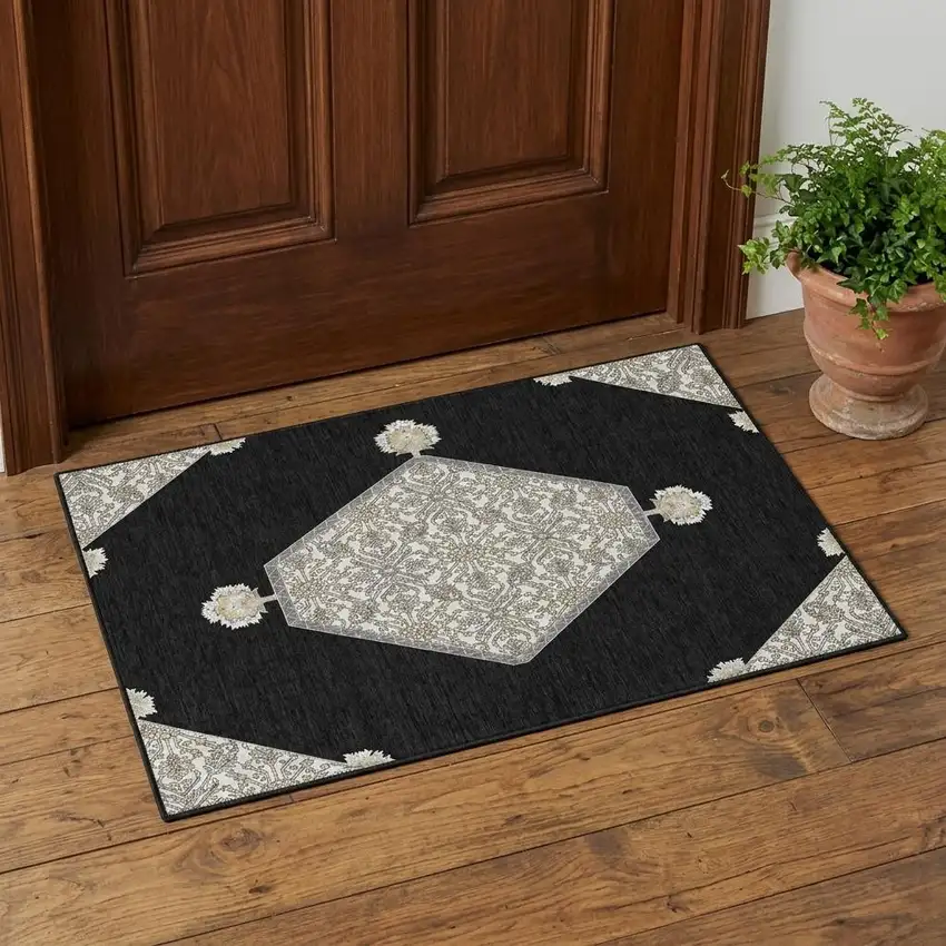 Black Ivory And Gold Oriental Washable Area Rug With UV Protection Photo 1
