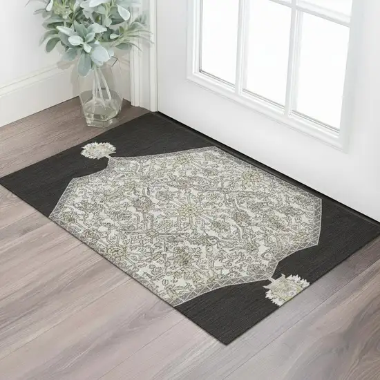Black Ivory And Gold Oriental Washable Area Rug With UV Protection Photo 2