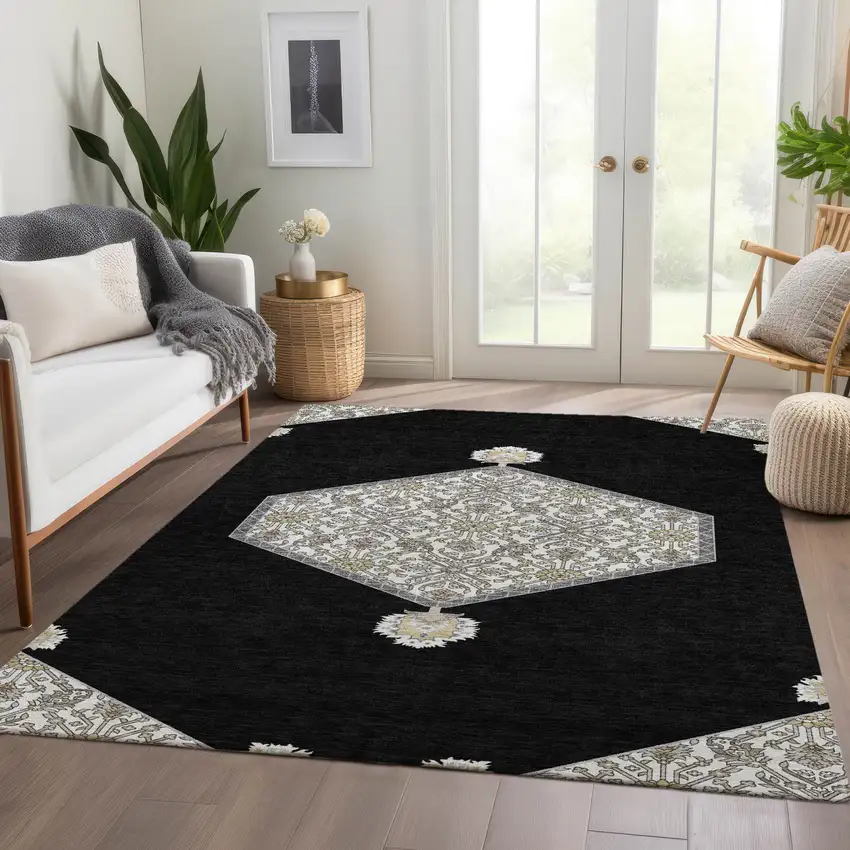 Black Ivory And Gold Oriental Washable Area Rug With UV Protection Photo 5