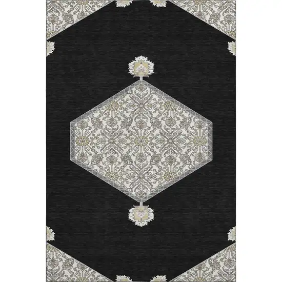 Black Ivory And Gold Oriental Washable Area Rug With UV Protection Photo 1