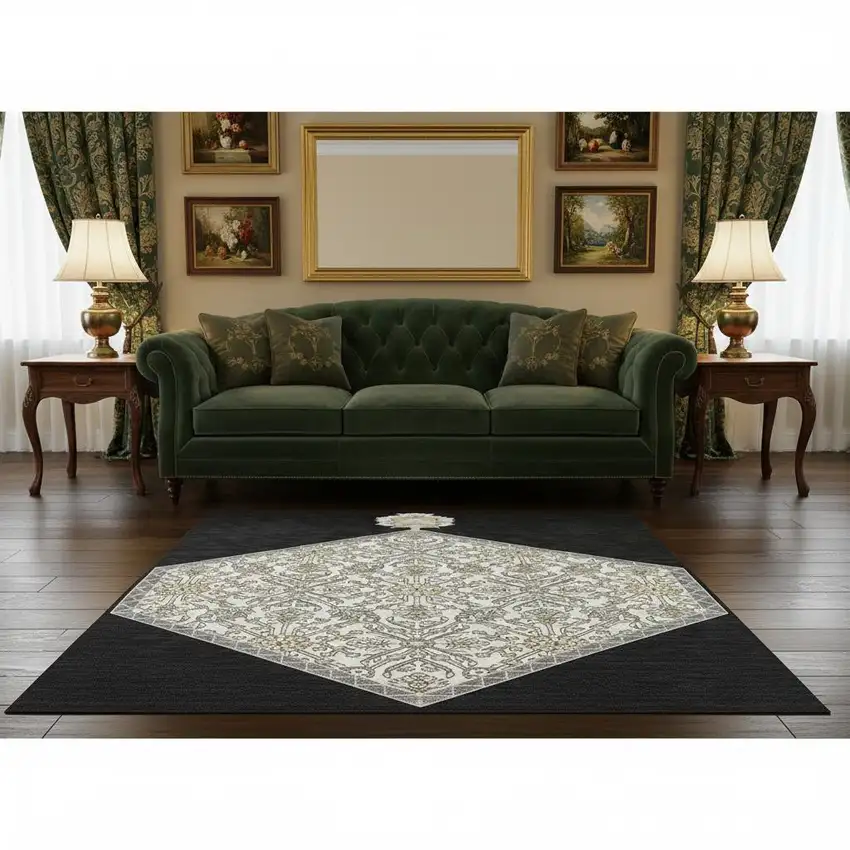Black Ivory And Gold Oriental Washable Area Rug With UV Protection Photo 2