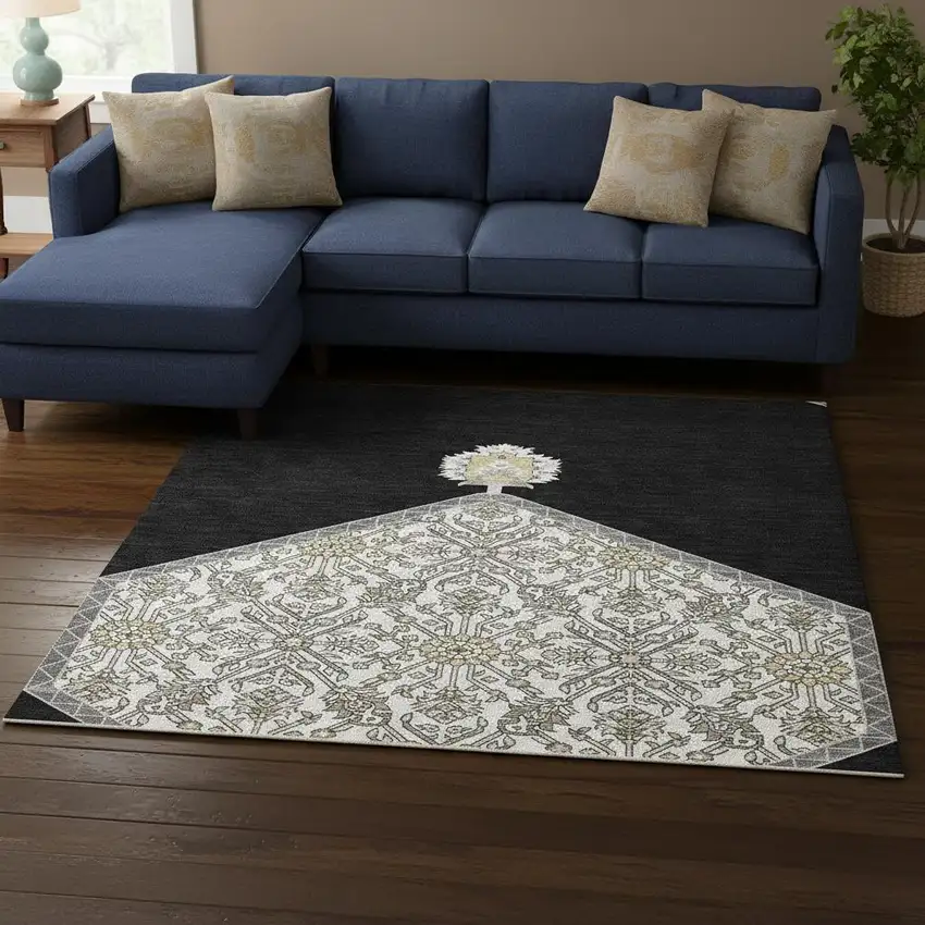 Black Ivory And Gold Oriental Washable Area Rug With UV Protection Photo 2