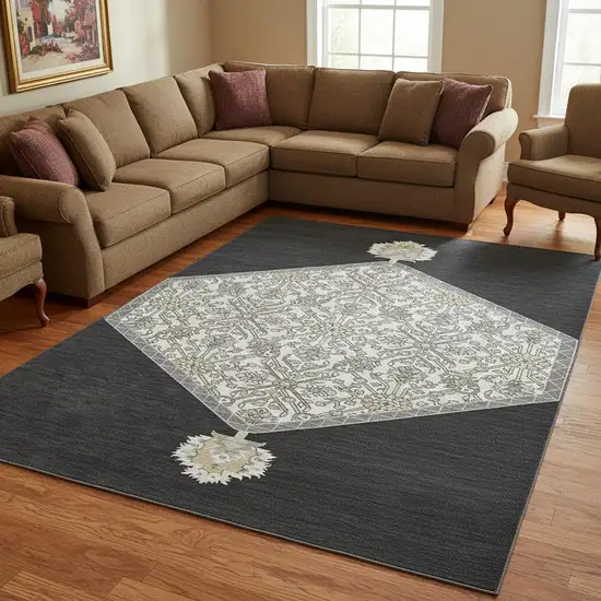 Black Ivory And Gold Oriental Washable Area Rug With UV Protection Photo 2