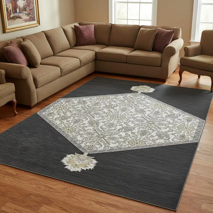 Black Ivory And Gold Oriental Washable Area Rug With UV Protection Photo 2
