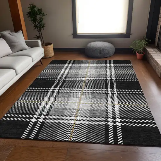 Black Ivory And Gold Plaid Washable Area Rug With UV Protection Photo 5