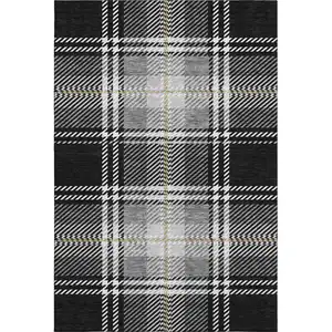 Photo of Black Ivory And Gold Plaid Washable Area Rug With UV Protection