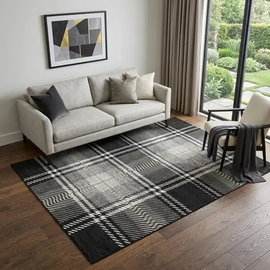 Black Ivory And Gold Plaid Washable Area Rug With UV Protection Photo 1