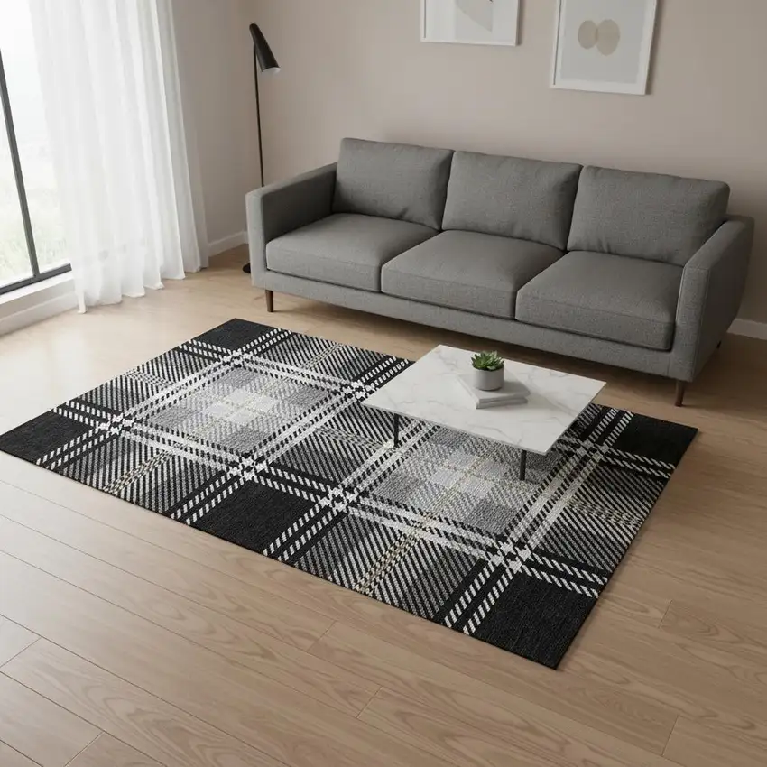 Black Ivory And Gold Plaid Washable Area Rug With UV Protection Photo 2