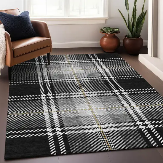 Black Ivory And Gold Plaid Washable Area Rug With UV Protection Photo 4