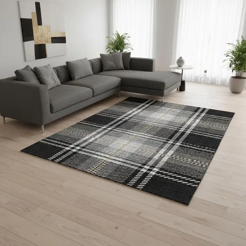Black Ivory And Gold Plaid Washable Area Rug With UV Protection Photo 2