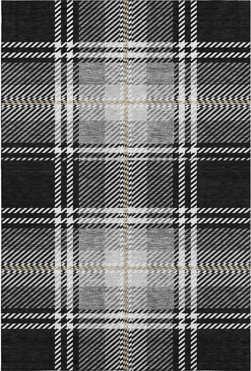 Black Ivory And Gold Plaid Washable Area Rug With UV Protection Photo 1
