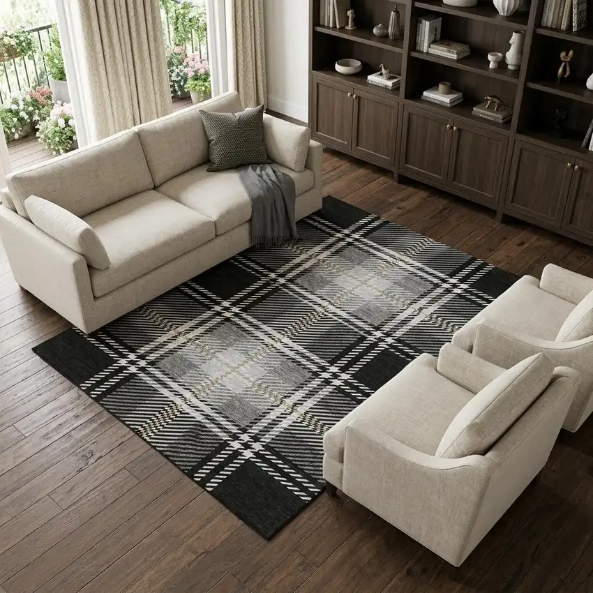 Black Ivory And Gold Plaid Washable Area Rug With UV Protection Photo 1