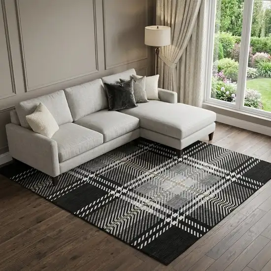 Black Ivory And Gold Plaid Washable Area Rug With UV Protection Photo 1