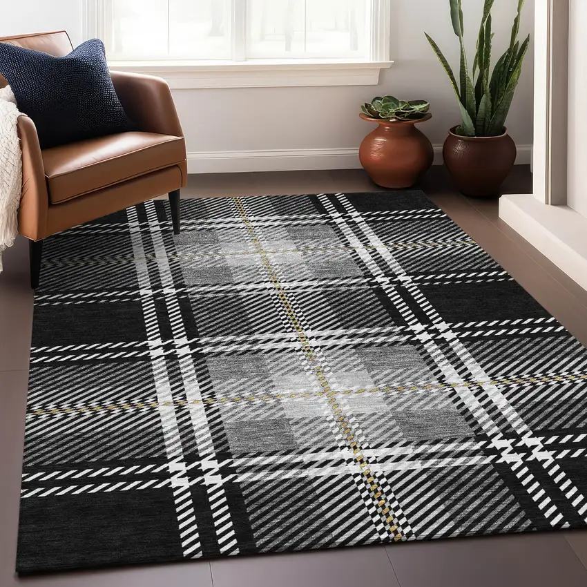 Black Ivory And Gold Plaid Washable Area Rug With UV Protection Photo 4