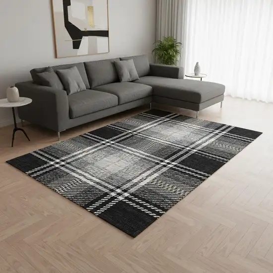 Black Ivory And Gold Plaid Washable Area Rug With UV Protection Photo 2