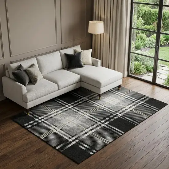 Black Ivory And Gold Plaid Washable Area Rug With UV Protection Photo 1