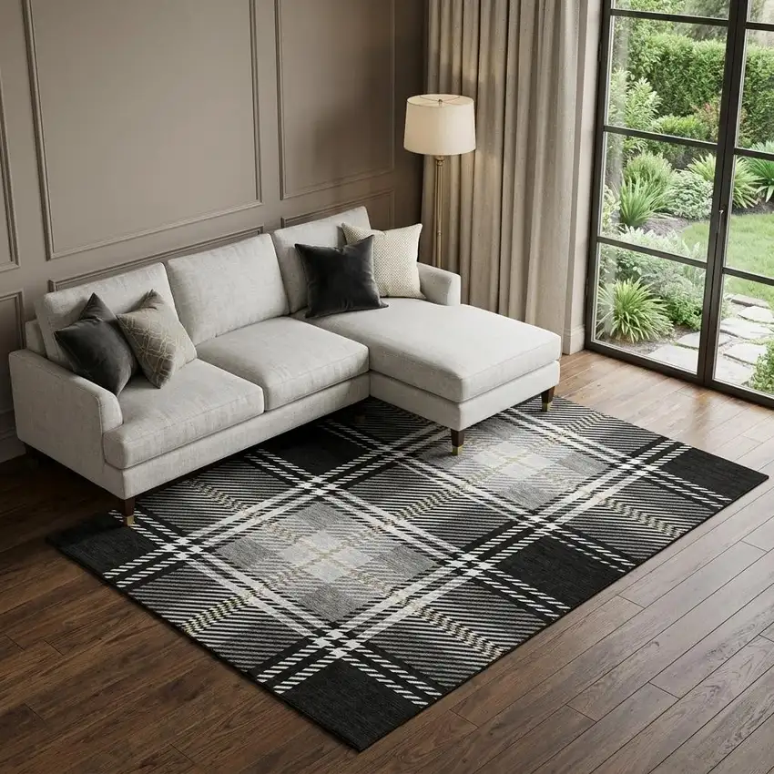 Black Ivory And Gold Plaid Washable Area Rug With UV Protection Photo 1