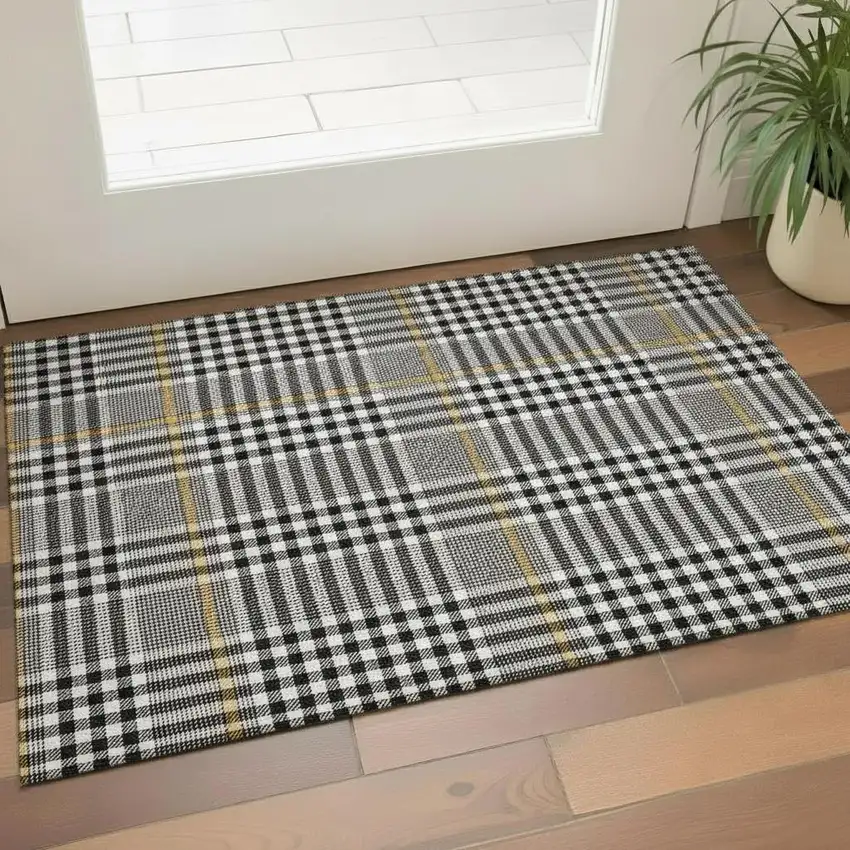 Black Ivory And Gold Plaid Washable Area Rug With UV Protection Photo 2