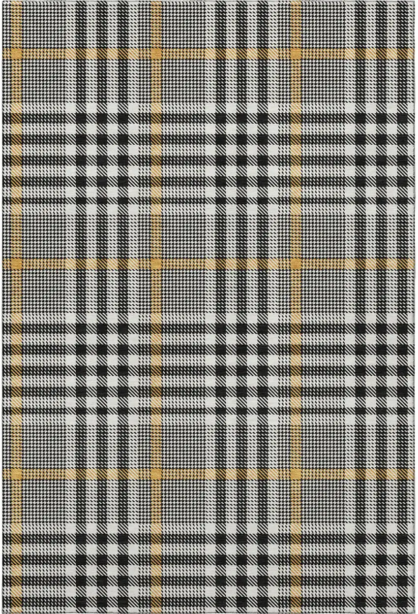 Black Ivory And Gold Plaid Washable Area Rug With UV Protection Photo 3