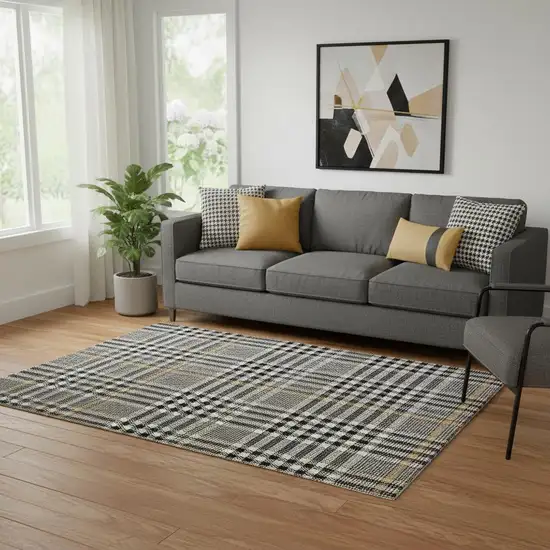 Black Ivory And Gold Plaid Washable Area Rug With UV Protection Photo 2