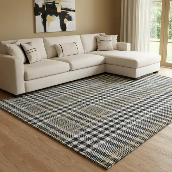 Black Ivory And Gold Plaid Washable Area Rug With UV Protection Photo 2